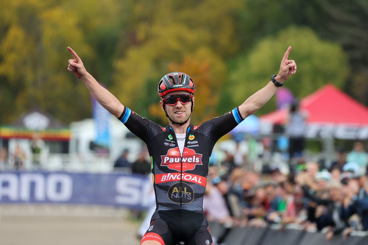 Eli Iserbyt celebrates at the finish of the UCI Cyclo-cross World Cup in Waterloo