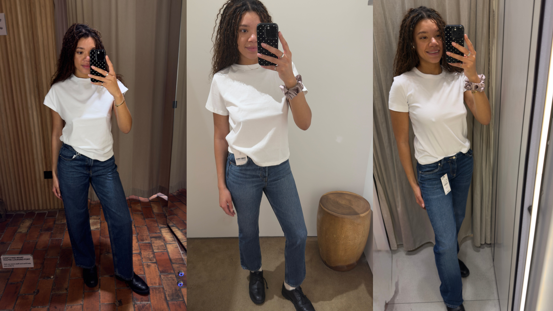 Junior fashion editor trys on the best high street jeans. In this image she has on Zara's mid wasit jeans, Reformations cynthia jeans and Mangos straight leg jeans. 