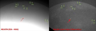 Observations of the March 1, 2020, lunar flash as taken by NELIOTA on the left and by the Sharjah Lunar Impact Observatory on the right. Numbered features mark lunar landmark used to compare the observations.