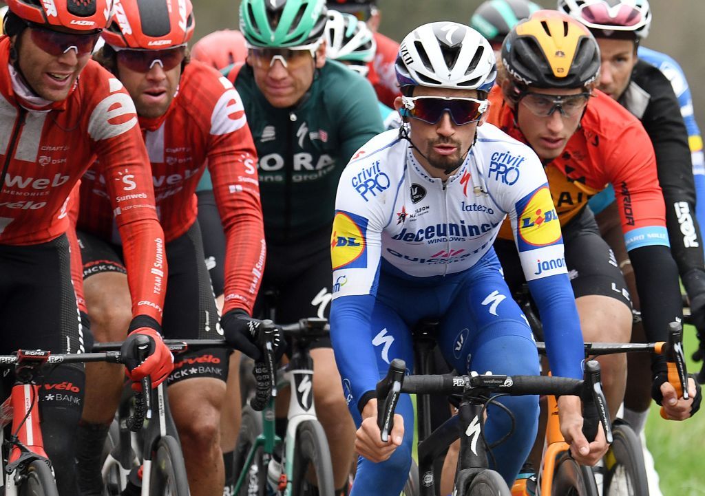 Deceuninck Quick Step French rider Julian Alaphilippe rides with the peloton during the 2125 km 3rd stage of the 78th Paris Nice cycling race stage between ChalettesurLoing and La Chatre on March 10 2020 Photo by Alain JOCARD AFP Photo by ALAIN JOCARDAFP via Getty Images