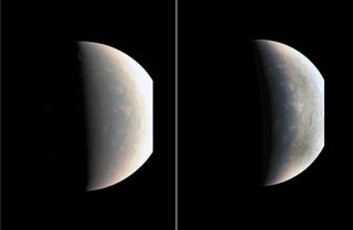 This view of Jupiter's north pole — captured by NASA's Juno probe on Aug. 27, 2016, from a distance of 48,000 miles (78,000 kilometers) — shows storms and weather systems unlike any seen elsewhere in the solar system.