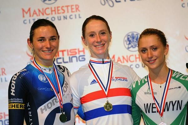 Women's individual pursuit podium (l-r): Sarah Storey (Horizon Fitness), Wendy Houvenaghel (Bikechain - Ricci) and Laura Trott (Welwyn Wheelers).