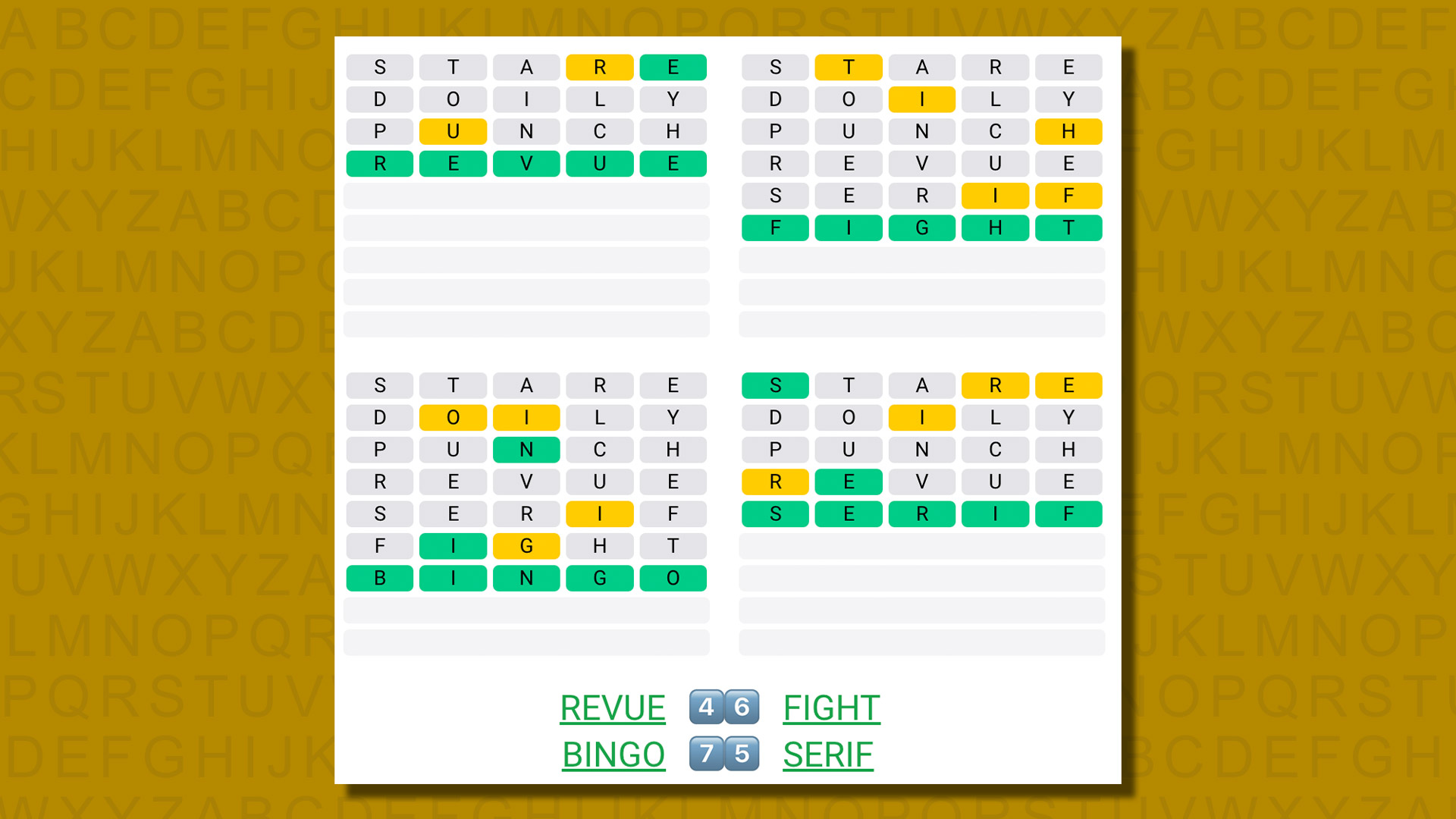 Quordle answers for game 586 on a yellow background