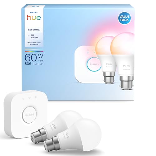 Philips Hue Bridge + 2 Essential B22 Smart Bulbs Starter Kit, White and Colour Ambience, 2200k-6500k, Dimmable Led Bulbs, Works With Alexa, Google Assistant, Samsung Smartthings, Apple Home