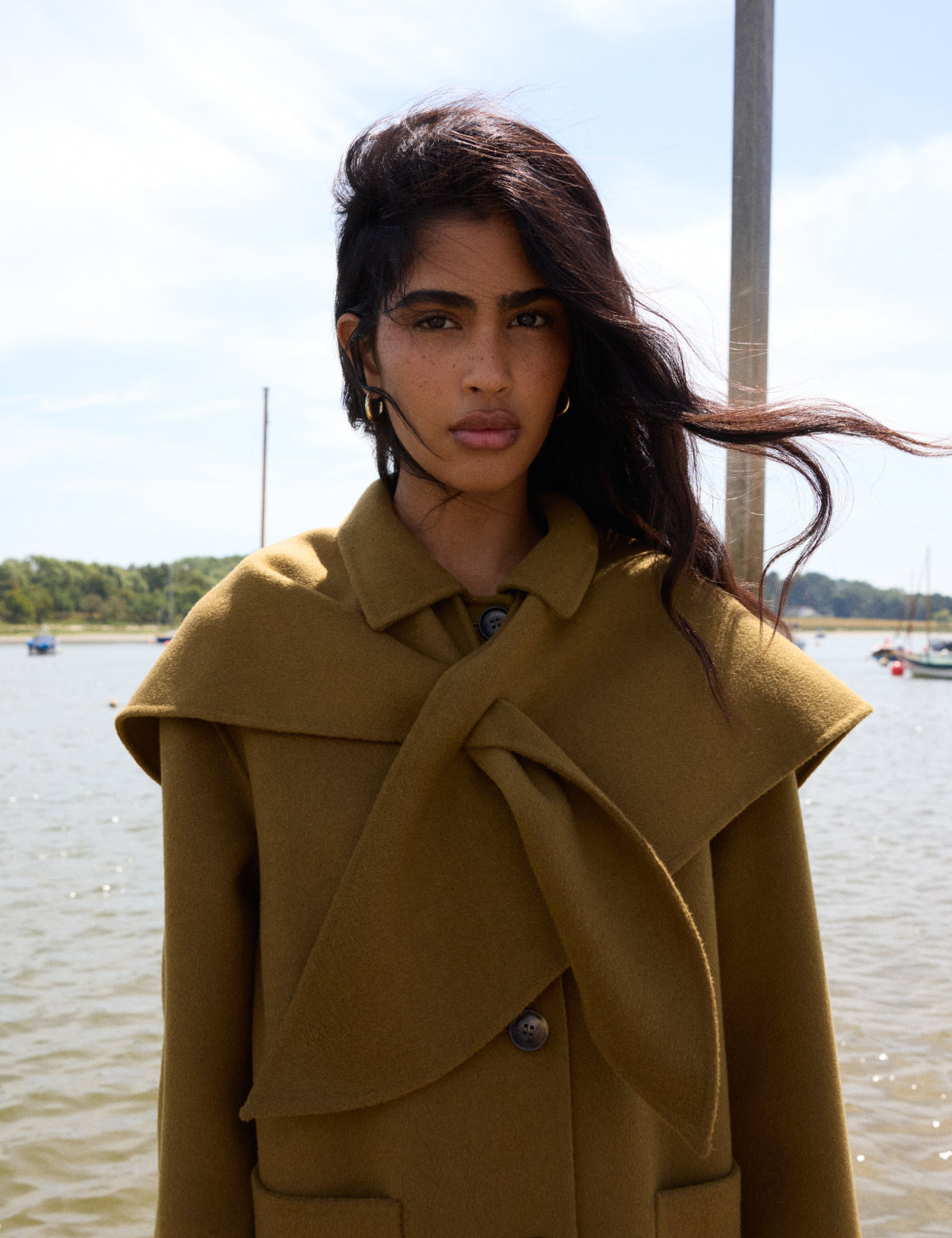 Green Wool-Blend Scarf Shawl Coat