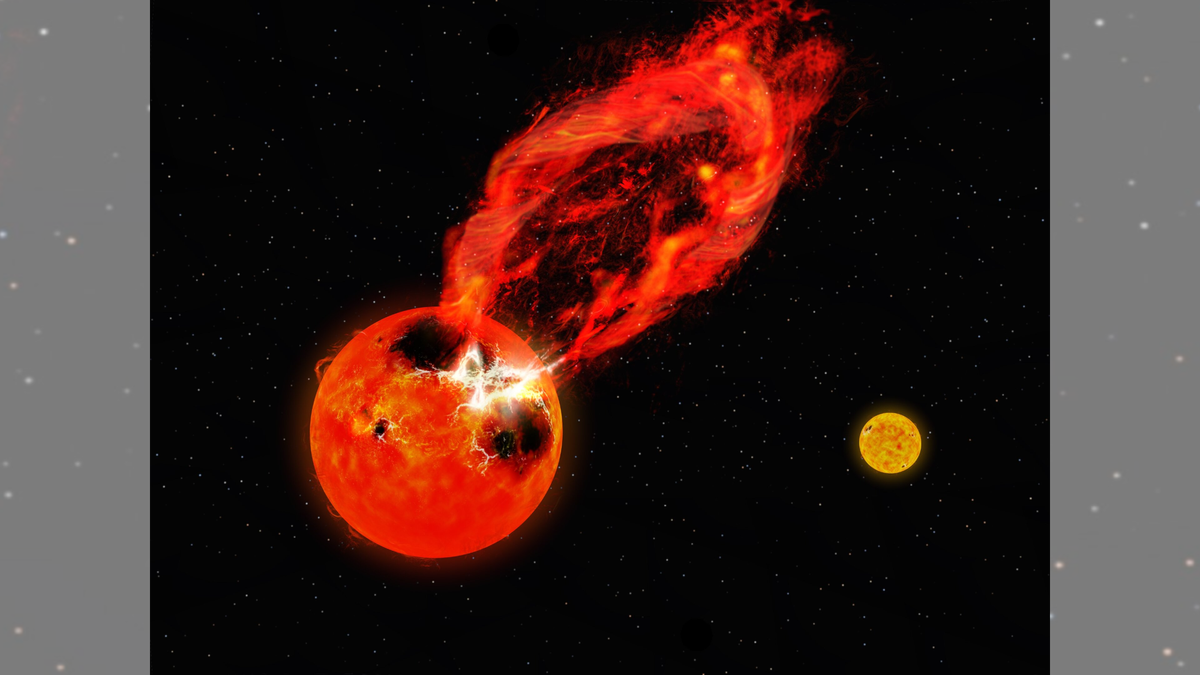 A distant red star erupting with a fiery flare that extends far off the star&#039;s surface