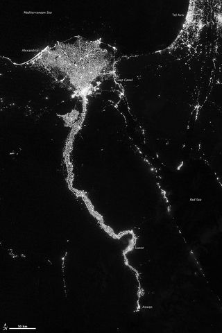 On Oct. 13, 2012, the Visible Infrared Imaging Radiometer Suite (VIIRS) on the Suomi NPP satellite captured this nighttime view of the Nile River Valley and Delta.