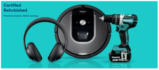 Robot vacuum, headphones, power drill on blue background