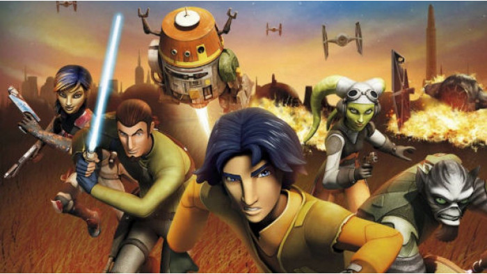 The characters of Star Wars Rebels running away from an explosion