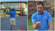 Images of Bryson DeChambeau hitting his ball over his house and celebrating the hole in one