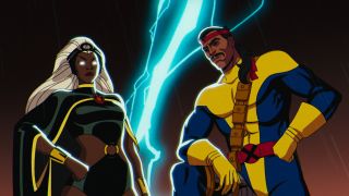 Storm and Forge in X-Men '97 with lightning striking behind them