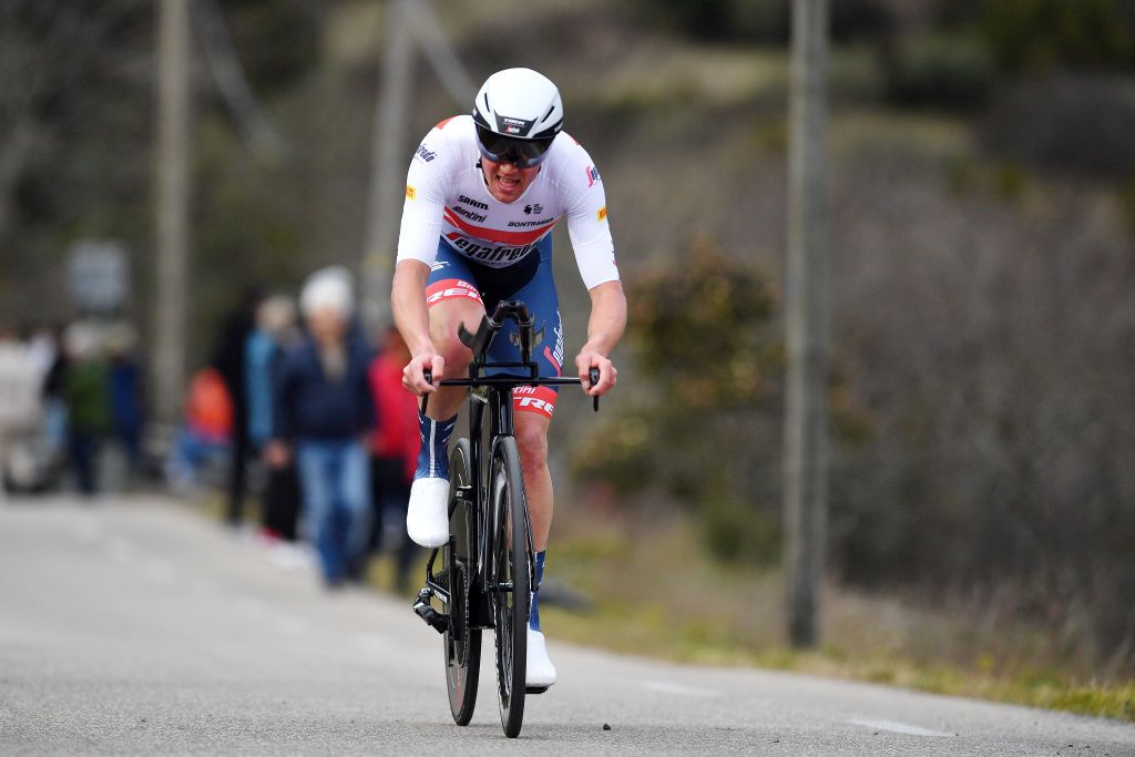 ALES FRANCE FEBRUARY 06 Mad Pedersen of Denmark and Team Trek Segafredo orange Leader Jersey sprints during the 52nd toile De Bessges Tour Du Gard 2022 Stage 5 a 11km individual time trial from Als to Als lErmitage ITT EDB2022 on February 06 2022 in Als France Photo by Luc ClaessenGetty Images