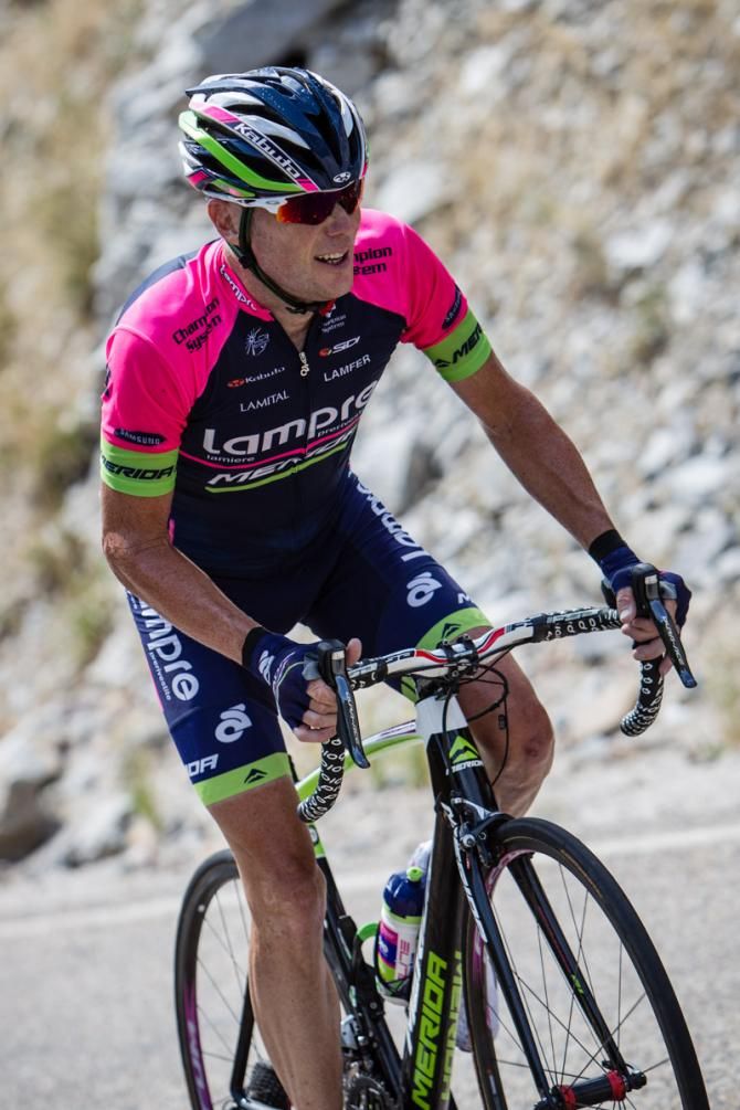Chris Horner (Lampre-Marida) tries to stay with the leader on the climb.