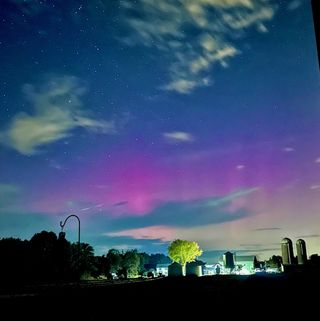 a band of purply pink light stretches across the sky, there are buildings and trees below.