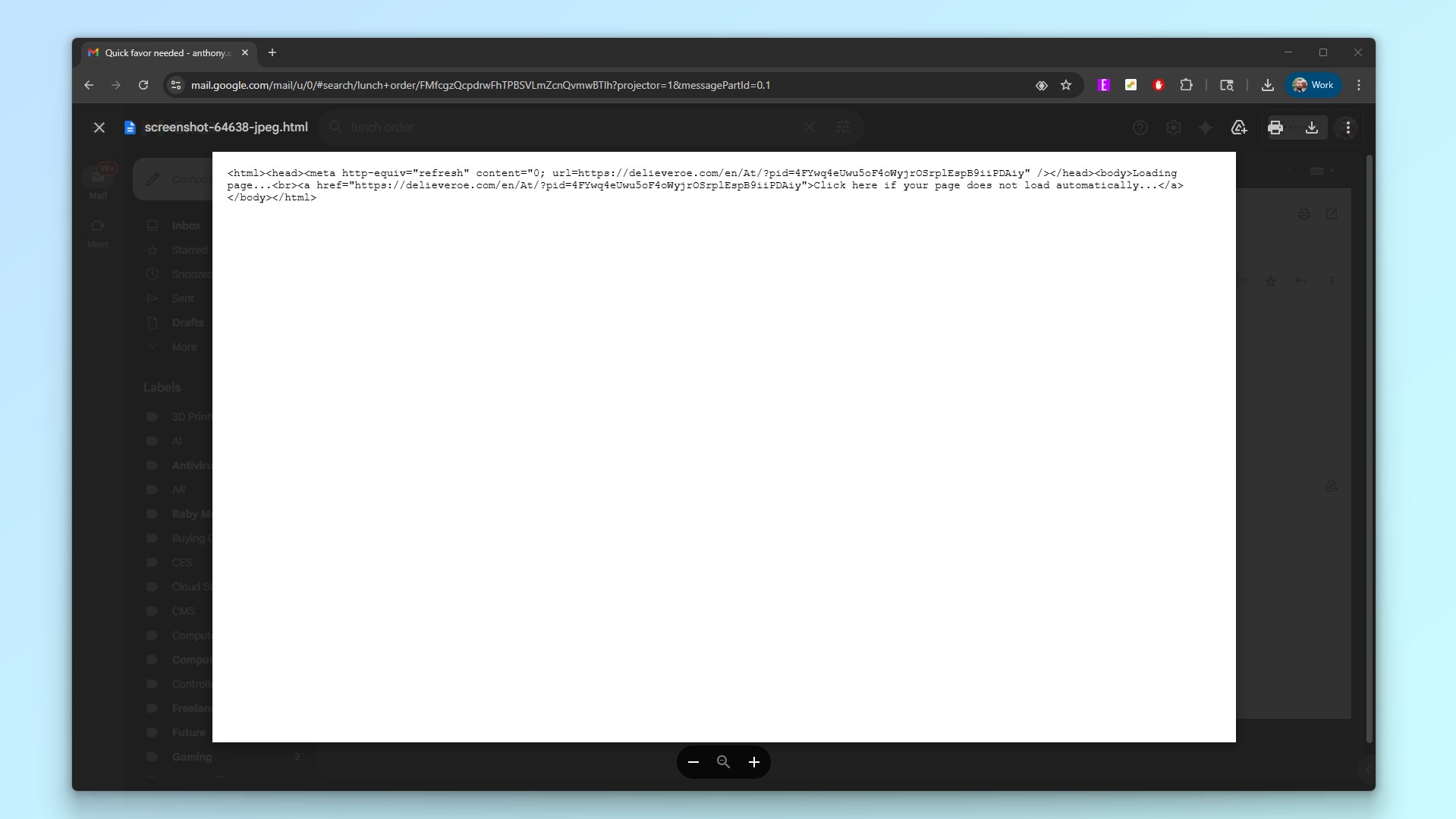 A screenshot showing an expanded preview of an HTML attachment disguised as a picture