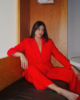 Lauren Chan 23 Incredibly Chic J.Crew Sale Finds Red Pants Suit Blazer Jacket Outfit