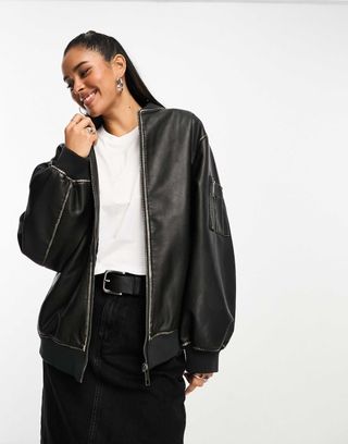 Asos Design Washed Faux Leather Bomber Jacket in Black