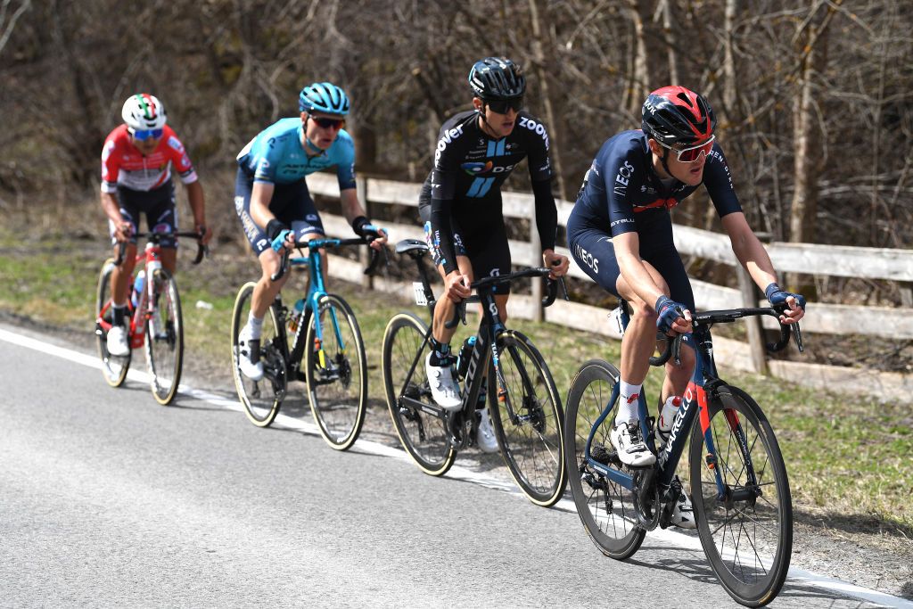 FEICHTEN IM KAUNERTAL AUSTRIA APRIL 20 Jefferson Alexander Cepeda Ortiz of Ecuador and Team Androni Giocattoli Sidermec Aleksander Vlasov of Russia and Team Astana Premier Tech Jai Hindley of Australia and Team DSM Pavel Sivakov of Russia and Team INEOS Grenadiers during the 44th Tour of the Alps 2021 Stage 2 a 1215km stage from Innsbruck to Feichten im Kaunertal 1291m TourofTheAlps TouroftheAlps on April 20 2021 in Feichten im Kaunertal Austria Photo by Tim de WaeleGetty Images