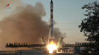 A soyuz rocket launches from the Baikanour Cosmodrome.