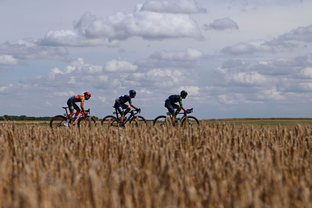 Early breakaway with Jacopo Mosca (Lidl-Trek), Lorenzo Milesi (DSM-Firmenich) and Sam Brand (Novo Nordisk)