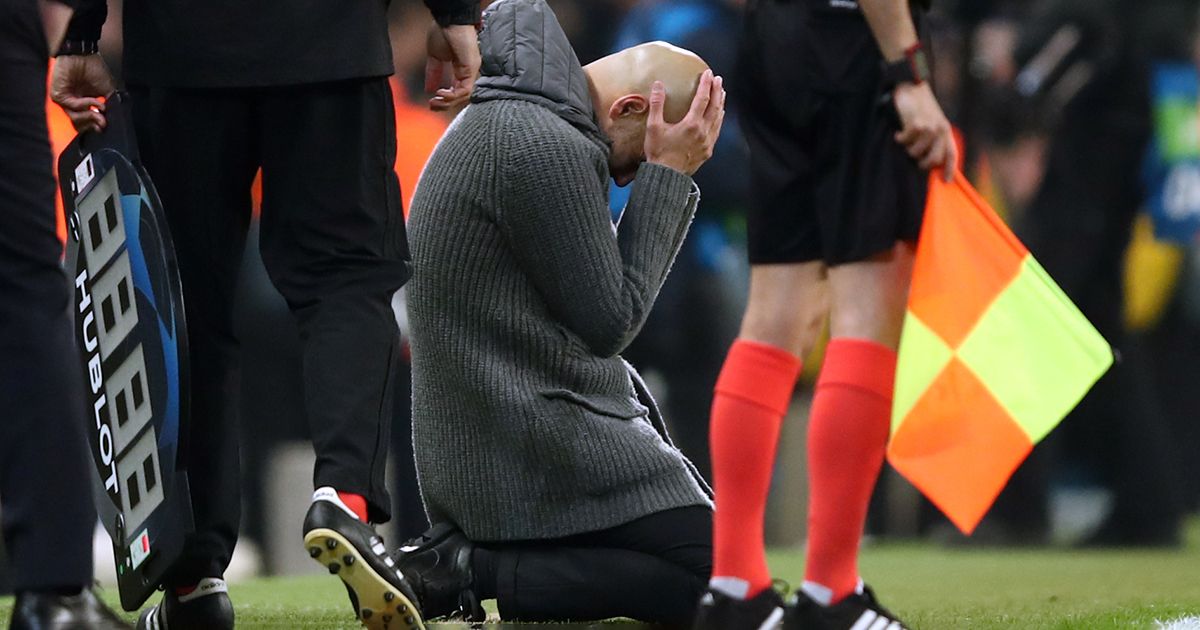 Pep Guardiola manager of Manchester City looks dejected as a goal is ruled out via a VAR decision during the UEFA Champions League Quarter Final second leg match between Manchester City and Tottenham Hotspur at at Etihad Stadium on April 17, 2019 in Manchester, England.