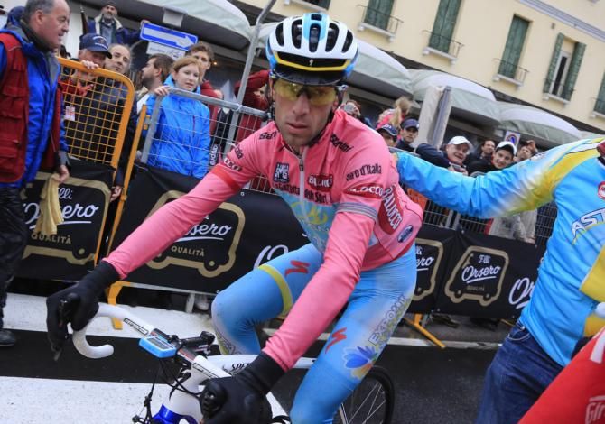 Giro d'Italia leader Vincenzo Nibali (Astana) makes his way to the podium after stage 12