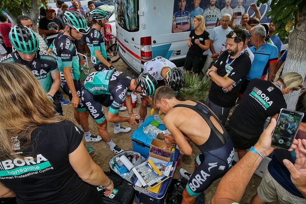 Bora-Hansgrohe riders prepare for the start of stage 5 in San Juan