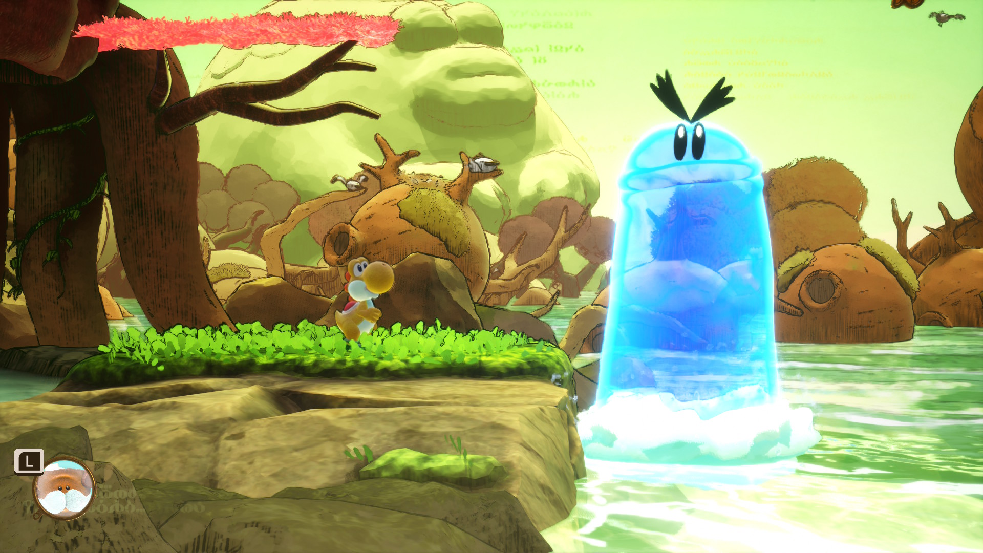 A big water creature appears in Yoshi and the Mysterious Book