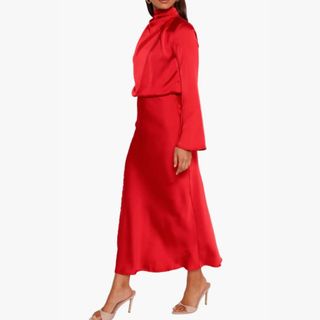 long sleeve red satin maxi dress