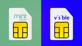 Mint Mobile and Visible branded sim cards on blue and green background