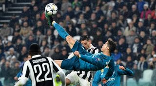 Cristiano Ronaldo scores an overhead kick for Real Madrid against Juventus in the Champions League in April 2018.