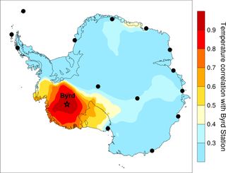 Map of Antarctica and annual spatial footprint of the Byrd temperature record.
