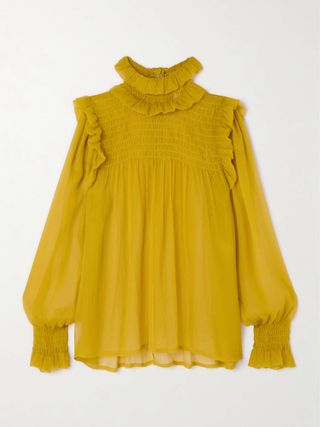 Smocked Ruffled Silk-Crepon Blouse