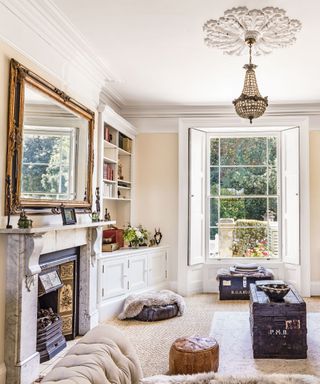 A classic white living room with shutters and a fireplace with gilt mirror.