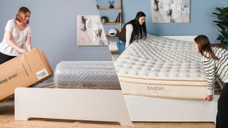 A woman unboxes a mattress in a box, the rolled mattress is placed on a bed frame in its packaging (left), two women set up a traditional mattress delivered flat on a bed frame.