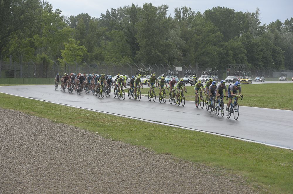Rain pounded the peloton on the F1 track in Imola.
