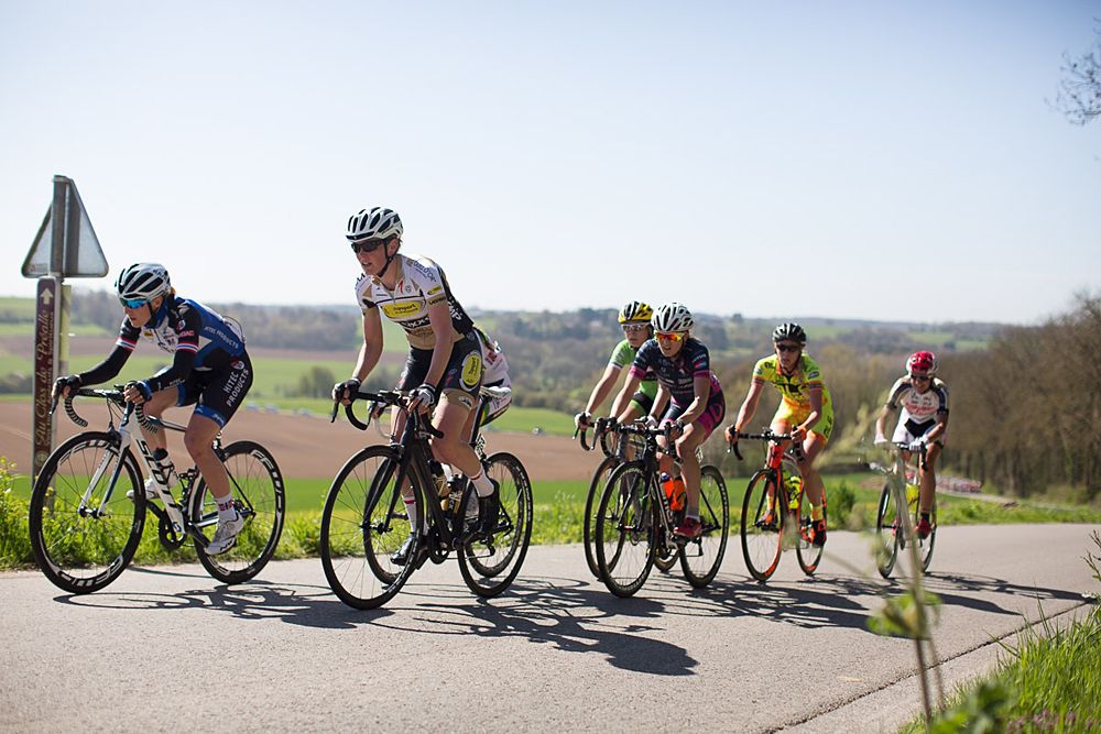 Sophie Duyck (BEL) of Topsport Vlaanderen Etixx Cycling Team leads the breakaway group during the first lap of the Fl&egrave;che Wallonne Femmes