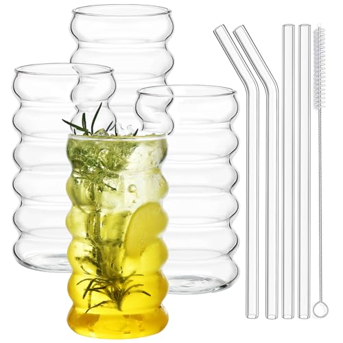 Alink Ribbed Drinking Glass Cups With Straws Set of 4, 16 Oz Aesthetic Iced Coffee Glasses, Wave Bubble Tumbler, Ripple Glassware, Beer Glasses for Coctail, Milk, Soda, Gift With Brush