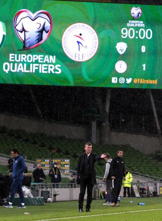 Republic of Ireland manager Stephen Kenny gestures on the touchline as his side slips to a 1-0 home defeat by Luxembourg