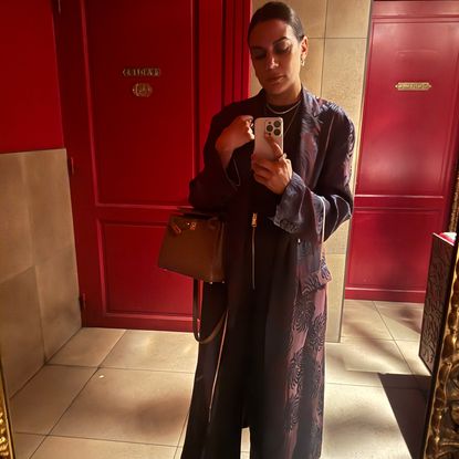 two images of Noora Raj Brown taking photos of her outfits in mirrors