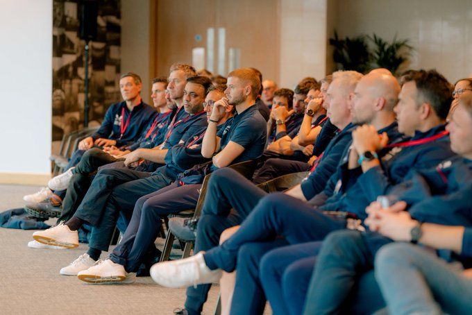 Ineos Grenadiers riders and staff gathered in Manchester