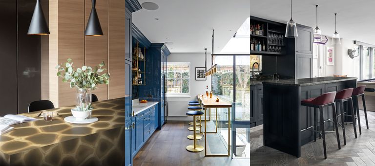 Bar countertop ideas. Three kitchens with bars, showing different bar countertop ideas, natural stone, wood and black marble