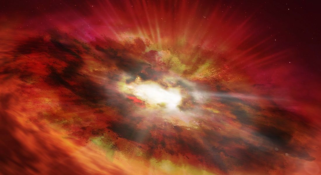 An artist&#039;s impression of a transitioning red quasar -- a bright, compact object shrouded in clouds of red dust