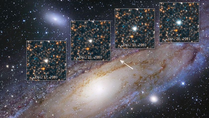 A photo of the Andromeda galaxy with four insets showing the variable brightness of M31