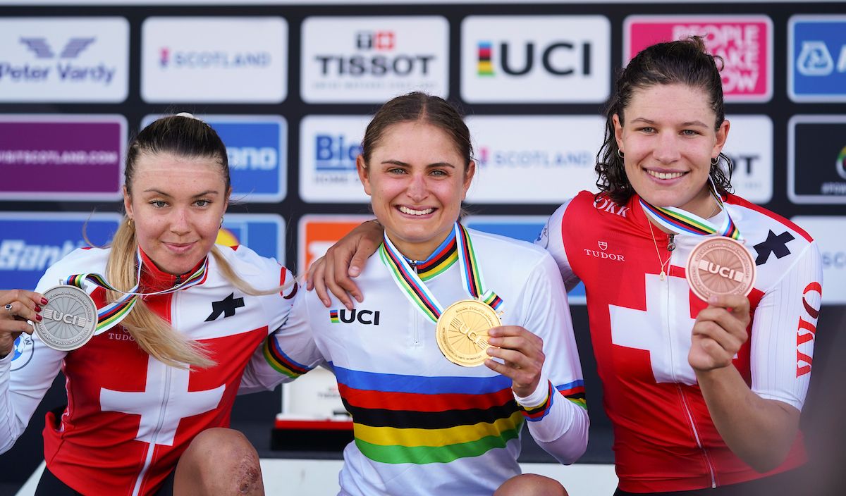 Picture by Thomas Maheux/SWpix.com - 11/08/2023 - 2023 UCI Cycling World Championships - MTB Cross Country - Glentress Forest, Peebles, Scotland - U23 Women Cross-country Olympic - Podium - Gold: Samara Maxwell , New Zealand, Silver: Ginia Calouri, Switzerland, Bronze: Ronja Blochlinger, Switzerland