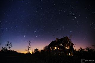 Astrophotographer Jeff Berkes captured this shot of Leonid meteors over a house in New Jersey in 2012. The 2015 Leonids will peak overnight Nov. 17-18.