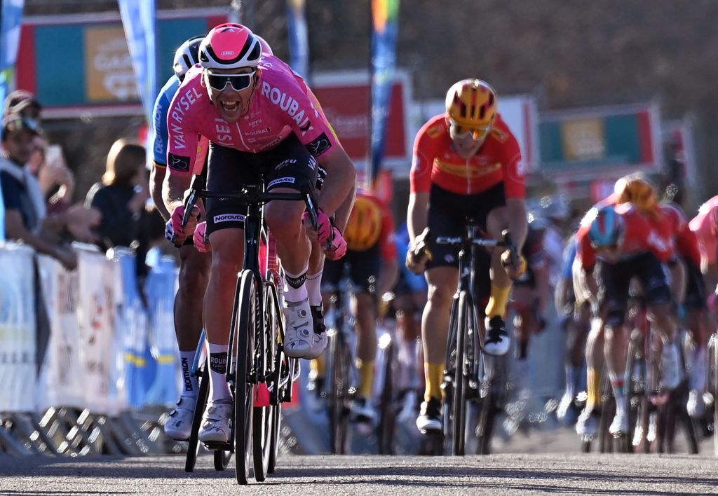 Van Rysel-Roubaix's French rider Samuel Leroux (L) cycles to cross the finish line to win the the fourth stage of the 54nd Etoile de Besseges-Tour du Gard cycling race between Mejannes-le-Clap and Mejannes-le-Clap on February 3, 2024. (Photo by Sylvain THOMAS / AFP)