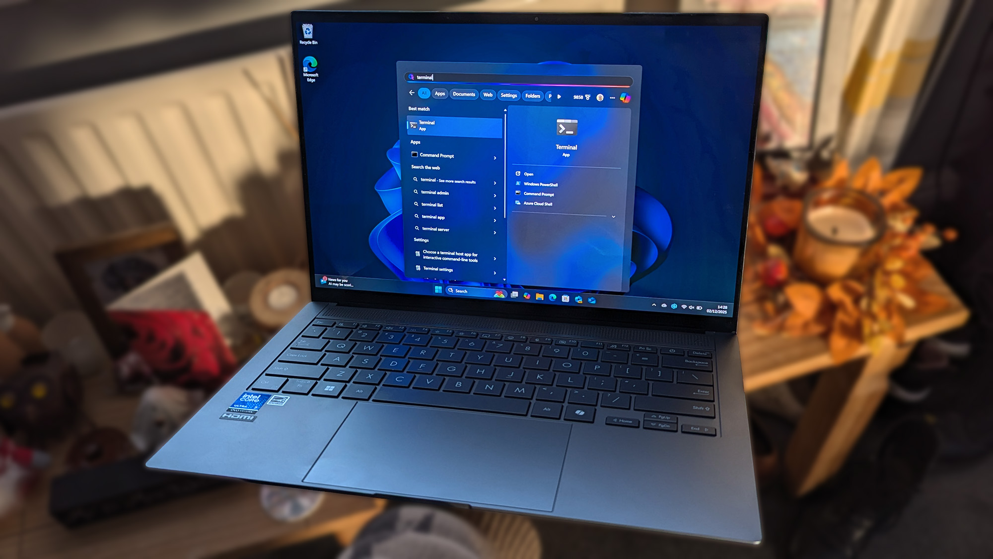 ASUS Zenbook 14 OLED running Windows 11, opening the Start menu to search for 'terminal'