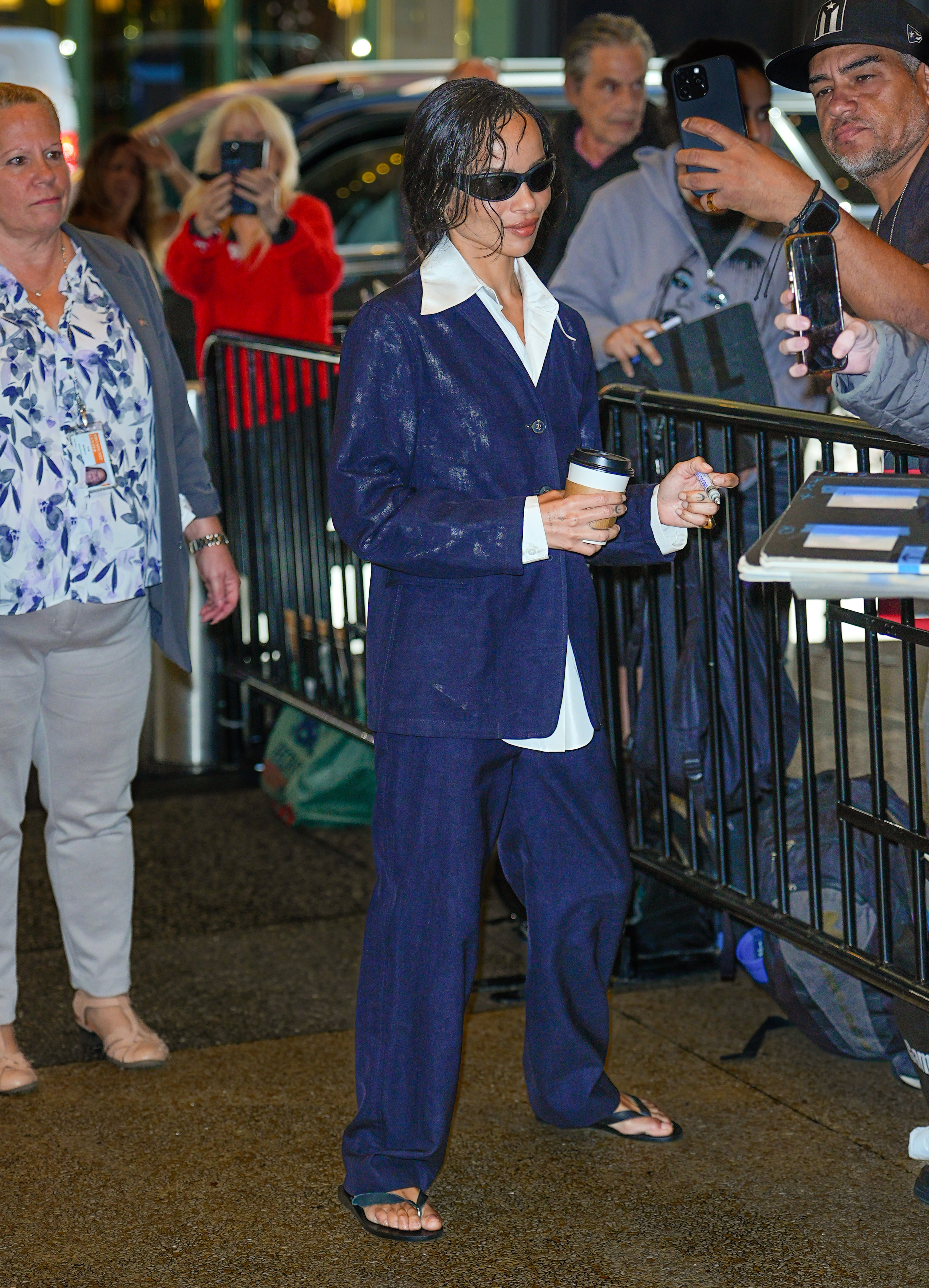 Zo&amp;euml; Kravitz was spotted in NYC wearing a denim chambray blue suit set and flip-flops