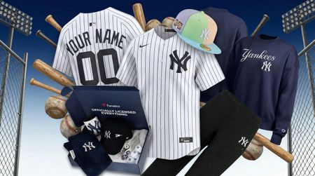 Yankees products on a baseball background